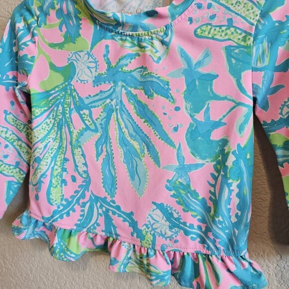 Lilly Pulitzer Retreat Aqua Bright Long Sleeve Rash Guard Ruffle Bottom Top 3T - Picture 3 of 7